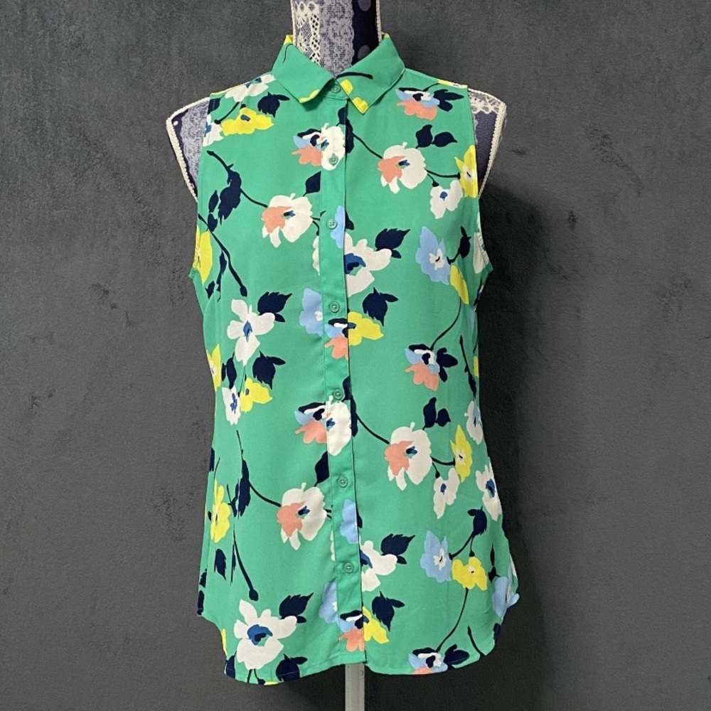 Banana Republic Blouse Women S Green Floral Sleeveless Button Up Classic Fit Top